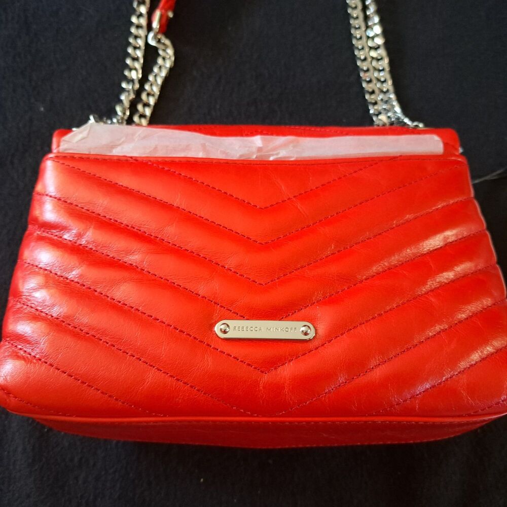 Rebecca Minkoff Crossbody Bag Red Chevron Quilted Leather Silver Chain Hardware - Picture 8 of 14